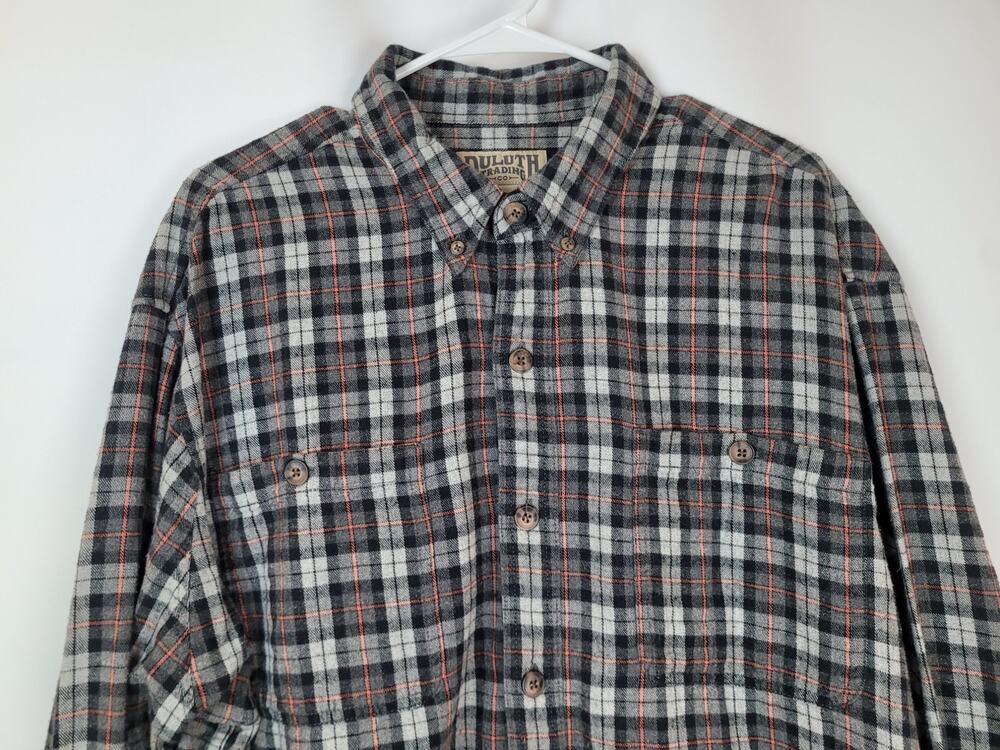 Duluth Trading Company Flannel Plaid Gray Black Orange Shirt Mens Size XL